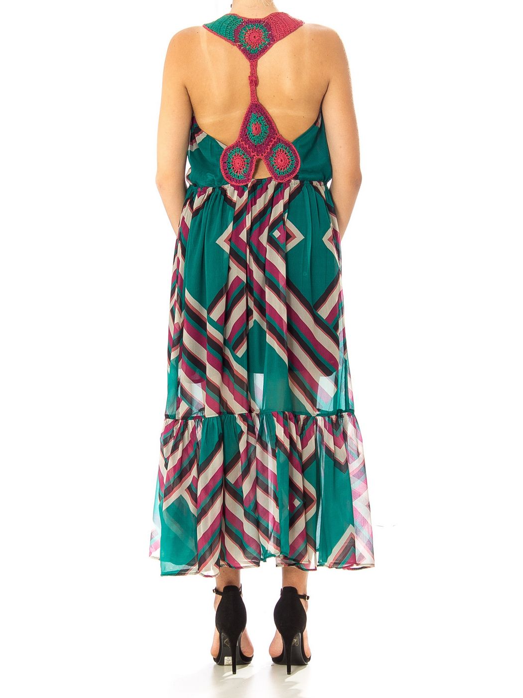 ABITO CHIFFON STAMPA GEOMETRIC RETRO CROCHET - TIFFANY-FUXIA